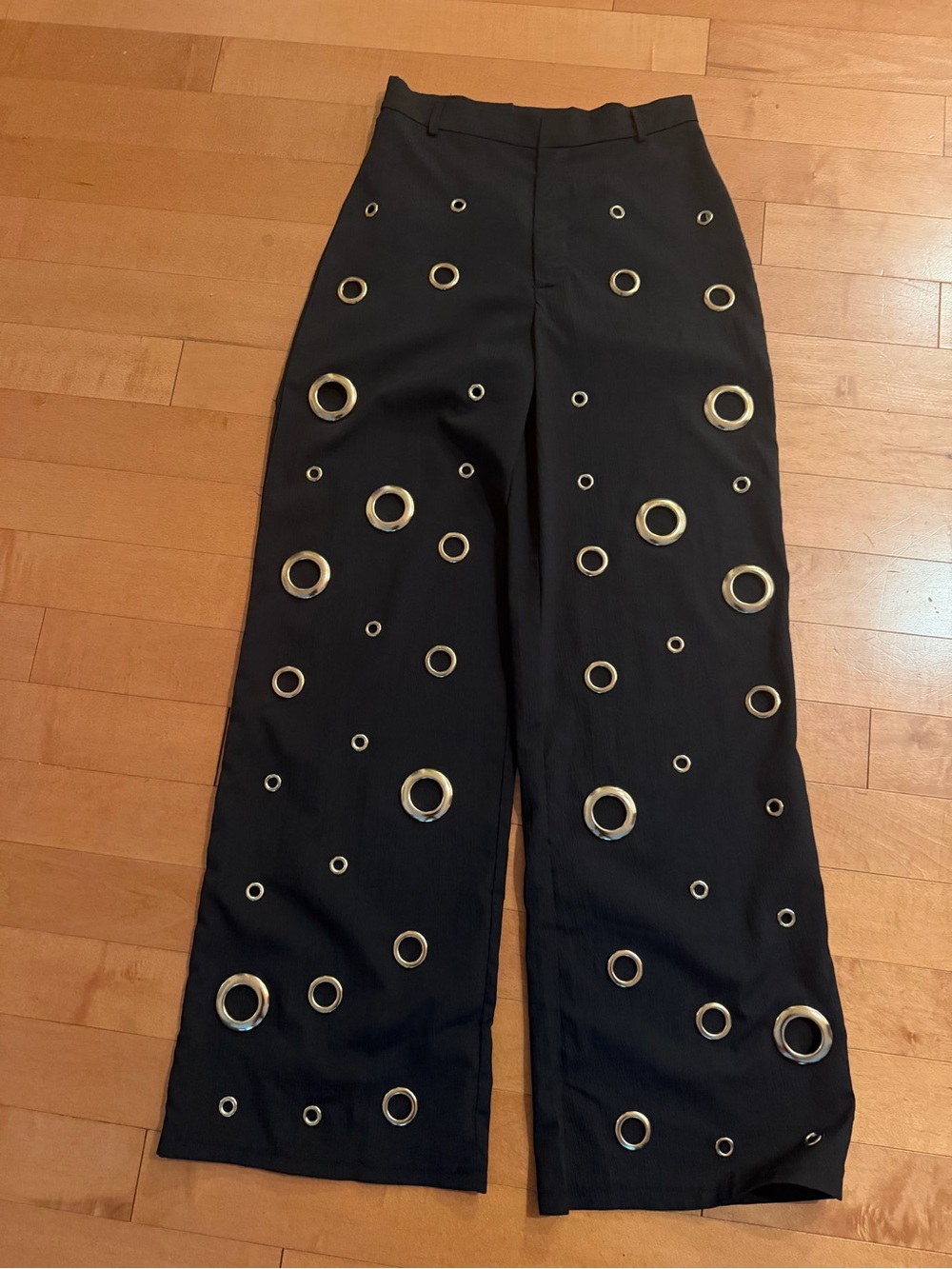 Black Linen Pants with Metallic Eyelet Detail
